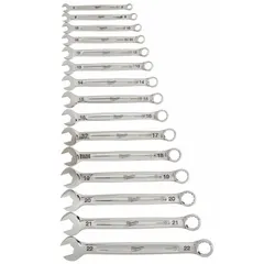This 15-piece metric 12-point combination wrench set includes sizes from 8 mm to 22 mm. The wrenches are made of alloy steel with a chrome finish and are organized on a tray. Suitable for tightening and loosening fasteners in maintenance, assembly, and repair tasks.
