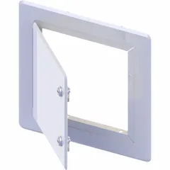 This locking access door is constructed from 16 ga 304 stainless steel with an exposed flange and concealed hinge. It is designed for wall mounting and provides secure access to utility connections, valves, or junction boxes in commercial and industrial settings.
