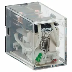 Plug-in relay from the OMRON LY Series with a square base and DPDT contact configuration. Operates on a 12V DC coil and features 8 pins/terminals for socket mounting. Suitable for general-purpose switching in industrial control panels, automation systems, and machinery.
