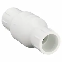 PVC inline check valve with 1-inch socket x socket connections and a stainless steel poppet. Used to prevent backflow in low-pressure fluid piping systems.