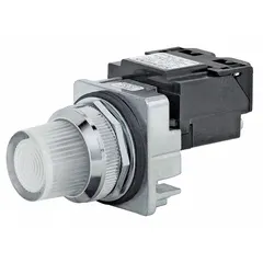 White LED pilot light from the Siemens Class 52 series, designed for 30 mm panel mounting. Rated for 24 V AC/DC supply voltage, without push-to-test function. Used as a visual status indicator on industrial control panels, machinery, and automation systems.