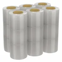 Clear stretch wrap film with integrated handle and brake for controlled tension application. Each roll measures 3 inches wide by 600 feet long. Suitable for securing and bundling loads on pallets or during storage and shipping