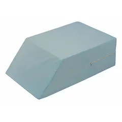 This bed wedge is constructed from cotton/polyester material. It measures 30 1/2 inches in length, 20 inches in width, and 10 inches in height. Commonly used in medical or home-care settings to provide positioning and support, it helps elevate the head or legs to improve circulation and reduce pressure points.