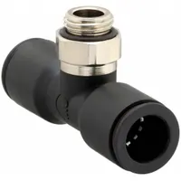 This push-fit tee fitting is made of polymer and nickel-plated brass for use in pneumatic and fluid systems. It connects 12 mm tubing to a 1/2" threaded port, enabling branch connections without tools. Overall length is 2 7/16 in