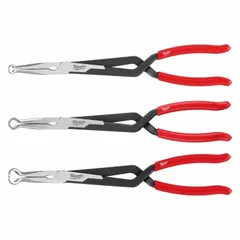 This long-nose pliers set features a 15 1/8 in overall length and 3 in jaw length for extended reach. The flat jaw type provides a max jaw opening of 2 in, 1 13/16 in, and 1 15/16 in. Suitable for gripping, bending, and cutting in confined spaces common in electrical, plumbing, and mechanical work.