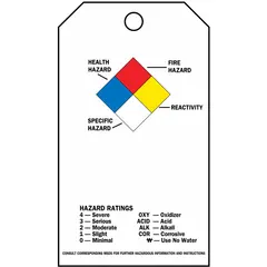 Rectangular polyester safety tag for indoor/outdoor use. Measures 5 3/4 in height by 3 in width, 0.01 in thickness. Not laminated. Includes 25 nylon ties. Printed in English. Pack of 25.