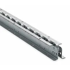 This light-duty skate wheel flow rail is designed for gravity-fed material handling systems. It has a 5 ft overall length, inline wheel alignment, and 4 steel skate wheels per foot. Rated at 195 lb/ft with 5 ft supports, it is suitable for moving cartons, totes, or light packages in assembly, packaging, and warehouse applications.