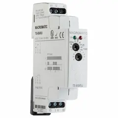 DIN-rail mounted star-delta time delay relay for controlling the transition from star to delta in motor starting circuits. Rated 10 A, accepts 12 to 240V AC/DC supply, with 6 pins/terminals. Suitable for industrial automation, HVAC, and pump control panels requiring timed switching.
