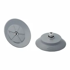 This flat-type vacuum pad assembly is designed for handling delicate components in automated assembly and pick-and-place processes. It features a 66.4 mm pad diameter, 22 mm pad height, NBR material with 55 A durometer, and gray color. Suitable for gripping circuit boards, glass panels, and similar items.