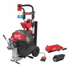 This cordless drum machine from the MX FUEL line is designed for clearing blockages in 3 to 6 inch pipes. It operates in Auto mode and is supplied without augers, suitable for professional plumbing and maintenance tasks.