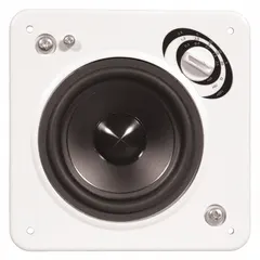 Passive 1-way wall-mount speaker for indoor use. 8 ohm impedance. Overall dimensions: 5 in width, 5 in height. Suitable for background music or paging in commercial and residential spaces.