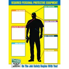 This 24 in x 18 in English-language poster communicates required personal protective equipment (PPE) in workplaces. It does not include a frame and has no write-on surface, serving as a clear visual reminder for safety compliance in industrial environments.