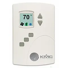 BACnet MS/TP controller for heat pumps with auxiliary heat. Operates on 24V AC with hardwired fan control, 0 relay inputs, and 6 relay outputs. Includes onboard occupancy sensor and backplate. Housing color: white. No humidification or dehumidification control.