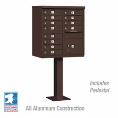 Horizontal multi-unit mailbox with 13 lockable front-access doors. Measures 62 inches high by 30 1/2 inches wide by 18 inches deep. Designed for pedestal mounting, suitable for secure mail distribution in multi-tenant facilities such as apartment complexes or office parks.