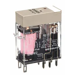 Plug-in relay from the G2RS Series with a square base, flat pins, and quick-connect terminals. Features DPDT contacts, 5 A current rating, and 24V AC coil voltage. Suitable for switching loads in industrial control panels, HVAC systems, and automation equipment.