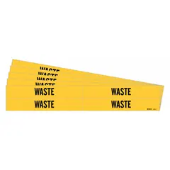 Yellow adhesive pipe markers with black legend 'Waste' for identifying waste-carrying pipes. Each marker fits pipe outer diameters from 3/4 to 2-3/8 inches. Pack includes 4 markers without arrows, supplied in a 5-pack configuration. Suitable for industrial piping systems requiring clear identification of waste lines.