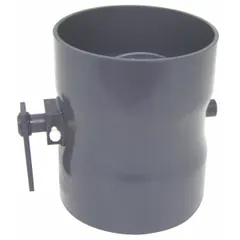 PVC butterfly damper for 14-inch duct diameter. Outlet diameter is 14 inches; overall length is 14 1/2 inches. Used to regulate or isolate airflow in duct systems handling corrosive fumes, such as in chemical processing, plating, and laboratory exhaust.