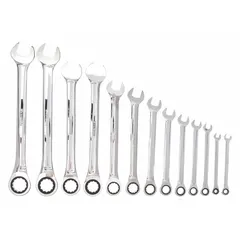 This 13-piece SAE 12-point ratcheting combination wrench set is constructed from alloy steel with a mirror finish. The head sizes range from 1/4 in to 1 in, suitable for tightening and loosening fasteners in mechanical assembly, automotive repair, and industrial maintenance. A storage rack is included for organization.