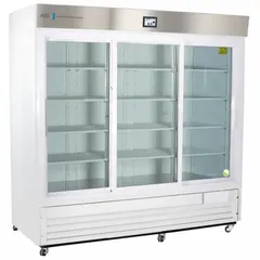 This 69 cu ft upright lab refrigerator maintains a temperature range of 1°C to 10°C for storage of temperature-sensitive materials. It features a white finish, sliding glass door, and R-290 refrigerant. The unit includes a door ajar alarm and has an overall depth of 33 1/4 inches.