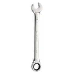 This SAE 12-point ratcheting combination wrench is made of alloy steel with a chrome finish. It has a 3/4-inch head size and a 9 3/4-inch overall length. The standard (non-reversible) design is used for tightening or loosening fasteners in industrial maintenance and assembly applications.