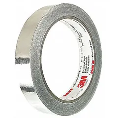 Silver foil electrical tape with acrylic adhesive, 3/4 in width, 18 yd length, 3 mil thickness, rated for 600 V. Used for EMI/RFI shielding, grounding, splicing, cable shielding, transformer repair, and static discharge protection in electrical and electronic applications.