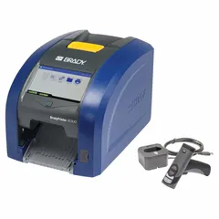 This desktop printer supports mobile device, PC, and standalone operation. It includes a battery, cleaning kit, and Brady Workstation Product and Wire ID Software Suite. Typical applications include cable and wire labeling in industrial environments such as electrical panels, data centers, and manufacturing lines.