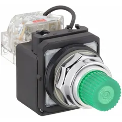 This green LED pilot light from Dayton is designed for 30 mm panel mounting and operates at a maximum supply voltage of 24 V AC/DC. It includes a push-to-test function for verifying lamp operation without removal. Typical applications include status indication in industrial control panels, machinery, and automation systems.