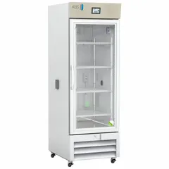 This 23 cu ft upright chromatography refrigerator maintains a temperature range of 1°C to 10°C for storing temperature-sensitive samples, reagents, and media. It features a white swing glass door that opens to the right, uses R-290 refrigerant, and includes a door ajar alarm for monitoring.