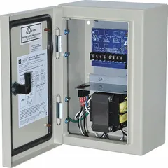 Steel-enclosed power supply board with 115V AC input, delivering 24V AC at up to 10A. Features a 3PTC 1Fuse configuration. Suitable for powering security, access control, and industrial control equipment such as cameras, locks, and sensors.