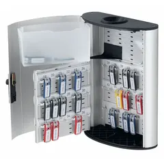 Wall-mounted key cabinet with a dial combination lock for secure key storage. Constructed of brushed aluminum in gray, it holds up to 54 keys and includes key tags and mounting hardware. Dimensions: 15 3/4 in H x 11 7/8 in W x 4 5/8 in D. Suitable for organizing and controlling access to keys in facilities such as offices, schools, and industrial sites.