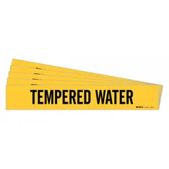 Yellow adhesive pipe marker with black legend reading 'Tempered Water', without arrows. Designed for pipes with outer diameter 2-1/2 to 7-7/8 inches. Pack of 5. Used to identify tempered water piping in industrial and commercial facilities, aiding in compliance with pipe-marking standards.