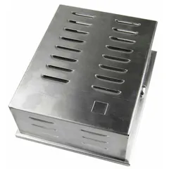 This stainless steel thermostat guard features a solid base and hinged cover with lock and key for securing wall-mounted thermostats. Single-wall construction with silver finish. Inside dimensions: 8-5/8 in H x 6-3/4 in W x 3 in D. Suitable for commercial and industrial environments to prevent tampering and accidental adjustments.