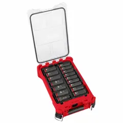 This 16-piece socket set includes 6-point deep sockets in metric and SAE sizes from 10 mm to 24 mm with a 1/2 in drive. Designed for use with impact tools, the sockets feature a friction retention mechanism. Suitable for fastening and loosening bolts and nuts in automotive, construction, and industrial maintenance applications.