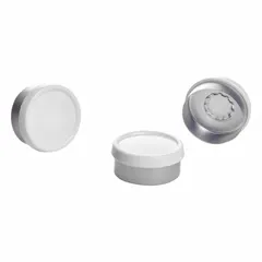 White aluminum snap-on flip caps for 20 mm diameter laboratory bottles. Unlined and non-vented, these autoclavable closures are suitable for general lab storage and sterilization applications. Pack of 1,000.