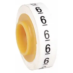 Replacement roll for wire marker dispensers containing 576 black-on-white polyester film labels with legend '6'. Rated for continuous use from -40°F to 250°F. Used for identifying wires, cables, and terminals in control panels, machinery, and facility maintenance.