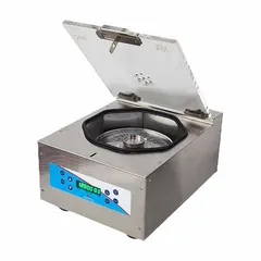 This benchtop micro-centrifuge is designed for spinning 24 x 75 mm microhematocrit tubes in clinical and laboratory settings. It features a digital display, variable speed control, and programmable operation. The fixed-angle rotor accommodates microhematocrit tubes for applications such as hematocrit determination.