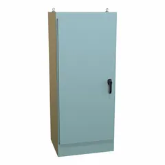 Steel enclosure with NEMA 12 rating for protection against dust, dirt, and non-corrosive liquids. Measures 72 x 30 x 24 inches with a solid hinged cover and handle closure. No knockouts included. Suitable for housing electrical controls and instruments in industrial environments.