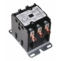 This contactor is used in HVACR systems to control electrical loads such as compressors, condenser fans, and pumps. It switches power on and off based on thermostat signals for commercial and industrial heating, ventilation, air conditioning, and refrigeration applications.