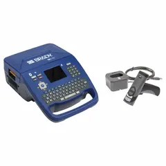 This portable label printer is designed for on-site cable and wire labeling in industrial settings. It features Bluetooth connectivity, a 2-inch print width, and 300 dpi resolution. The unit includes a rechargeable battery, a handheld scanner with charging station, a halogen-free printer ribbon (M7-R6000), and the Brady Workstation Product and Wire ID Software Suite.