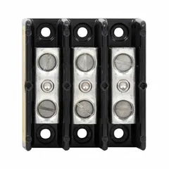 Open block with copper lugs for surface mounting. Accepts line-side wire sizes from 14 AWG to 1/0 AWG. Lug-to-lug design provides a single input to multiple output connections in industrial power distribution.
