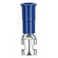 Female quick disconnect socket with blue vinyl partial insulation. Accepts 16 AWG to 14 AWG wire. Used for making removable electrical connections in control panels, appliances, and automotive wiring.