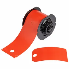Red polyester precut tag roll for indoor/outdoor use. Each roll contains 100 tags measuring 5 3/4 in x 3 1/4 in. Compatible with S3700 printer series. Used for safety warnings, equipment identification, and pipe marking where weather-resistant tags are required.
