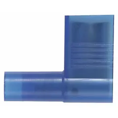 Fully insulated flag disconnect for 16 AWG to 14 AWG wire. Blue nylon full coverage insulation. Used for quick connect/disconnect in control panels, appliances, and industrial equipment where space is limited.