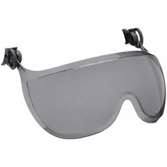 This eye shield assembly is designed for use with hard hats and helmets. It features a gray lens with anti-fog and scratch-resistant properties, and a gray frame. Mounting is accomplished with the included hardware. Typical applications include industrial environments where eye protection is required.