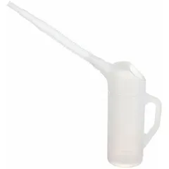 Translucent measuring container with a 1-quart capacity and flexible pour spout for controlled dispensing. Overall height 5 1/2 inches, diameter 3 1/2 inches. Suitable for measuring and transferring fluids in maintenance and workshop environments.