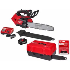 This battery-powered chainsaw features a top handle design and an adjustable chain oiler. It operates on an 18 V system with a 35 cc equivalent rating and includes a 14 in bar length and case. Suitable for pruning, limbing, and light felling tasks.