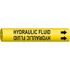 Yellow snap-on pipe marker with black legend reading 'Hydraulic Fluid' and directional arrows. Fits pipe outer diameters from 3/4 to 1-3/8 in. Used to identify hydraulic fluid lines in piping systems, aiding in compliance with pipe identification standards.