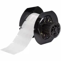 Vinyl wraparound label roll with white matte finish, sized 1 in x 1/2 in, for wire gauges 16 AWG to 10 AWG. Compatible with BBP33 printer series and requires B30-R4300 ribbon. Used for on-demand identification of industrial wiring in panel building, machine wiring, and maintenance labeling