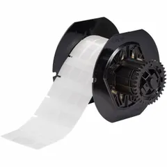 Vinyl wraparound label roll with white matte finish, sized 1 in x 1/2 in, for wire gauges 16 AWG to 10 AWG. Compatible with BBP33 printer series and requires B30-R4300 ribbon. Used for on-demand identification of industrial wiring in panel building, machine wiring, and maintenance labeling.