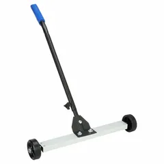 This push-type magnetic sweeper collects ferrous debris such as nuts, bolts, and metal shavings from floors, parking lots, and workshops. It features a 35 lb magnetic pull capacity and a 1 in magnet height, with rubber construction for durability.